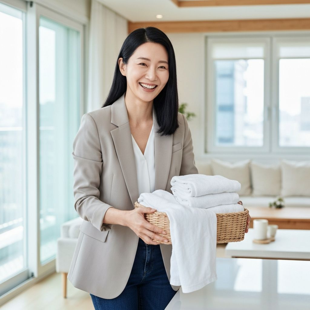 깨끗하게 세탁된 옷을 들고 있는 고객